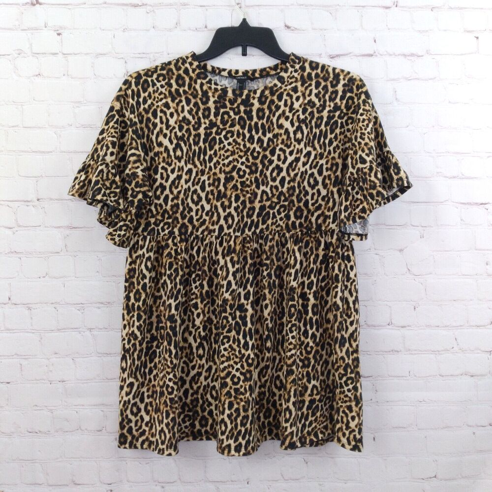 Forever 21 Tunic Top Womens Small Animal Print Ruffle Sleeve Babydoll Top Boho